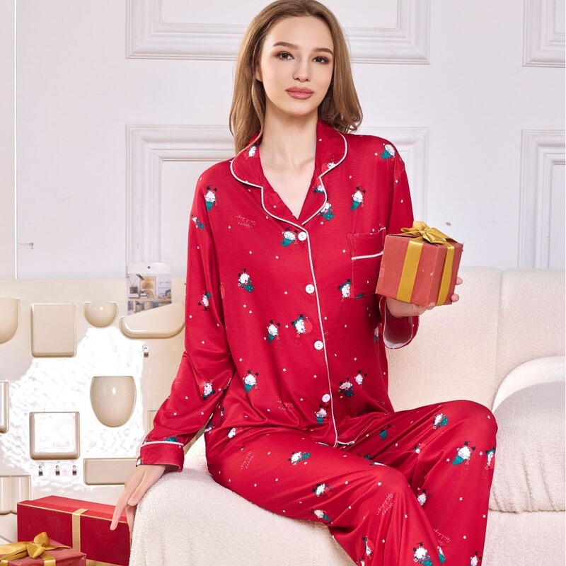Cross-border European and American Foreign Trade Women's Pajamas Christmas and New Year Printed Long Sleeve Trousers Cardigan Lapel Loose Home Clothes Cross-border European and American Foreign Trade Women's Pajamas Christmas and New Year Printed Long Sleeve Trousers Cardigan Lapel Loose Home Clothes