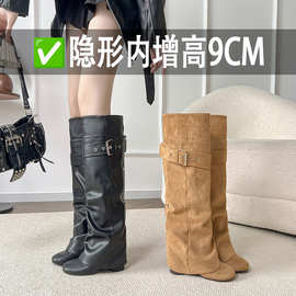 9cm~内增高裤管靴女2026新款皮带扣高筒骑士靴小众复古不过膝长靴