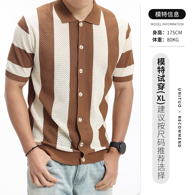 Camisas de polo de hielo de punto a rayas de estilo antiguo, camisetas de color contrastante, camisetas casuales de negocios, mangas cortas para hombres