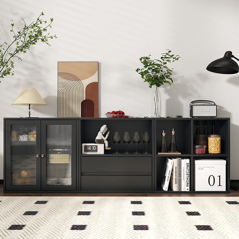 书柜模块矮柜家用自由组合柜客厅电视柜多功能黑色带门收纳储物y^
