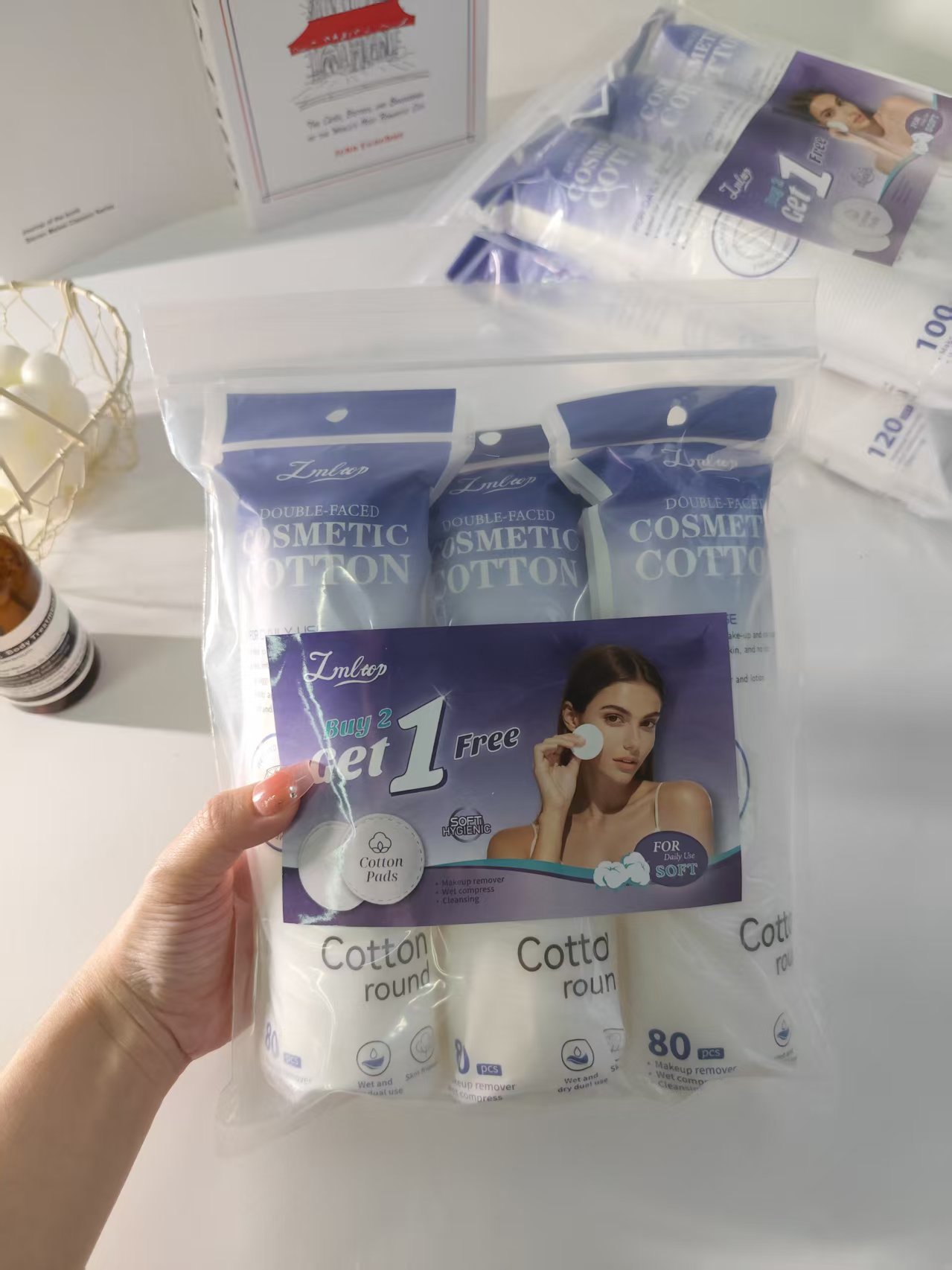 LMLTOP redondo algodón cosmético 150 piezas de doble cara bordes de prensa sándwich húmedo algodón cosmético redondo algodón cosmético suministrado exclusivamente a través de la frontera