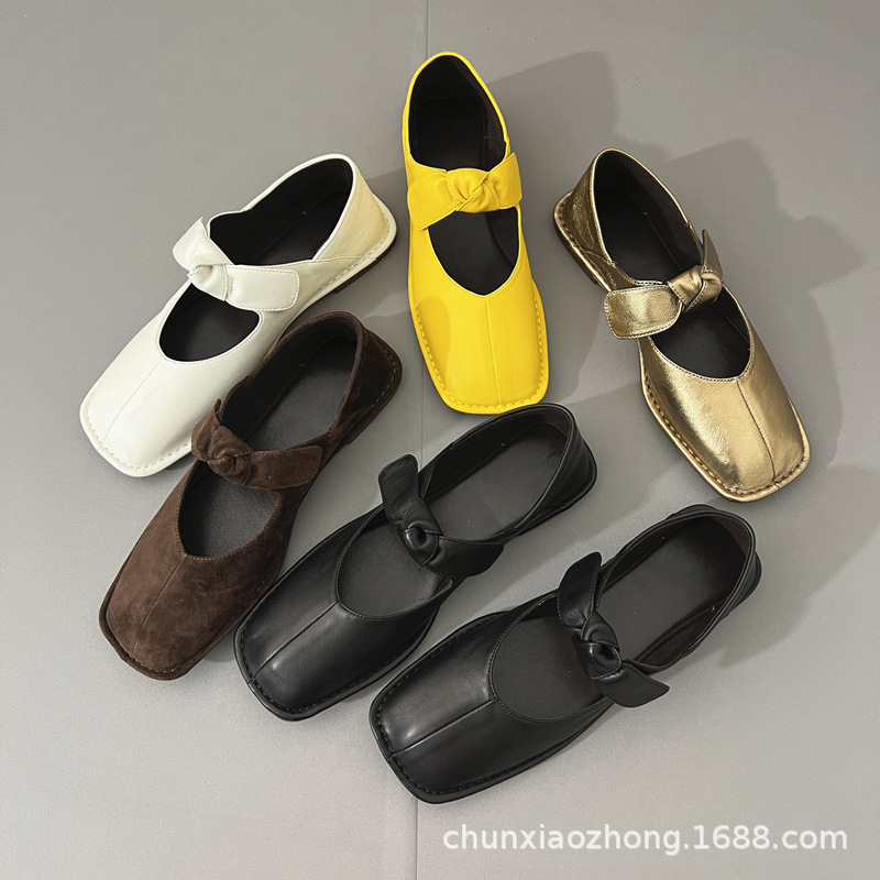 Pure Source Niche Easy-To-Wear Slip-On Tr Square-Toe Sheepskin Mary Jane Shoes for Women with Buckle Strap, Comfortable Retro Princess Flats