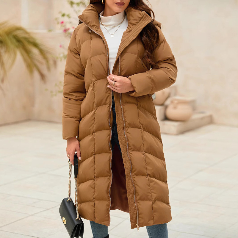 Cross-border foreign trade winter hooded loose drawstring waist pocket zipper extended slim warm cotton-padded jacket women's coat Cross-border foreign trade winter hooded loose drawstring waist pocket zipper extended slim warm cotton-padded jacket women's coat