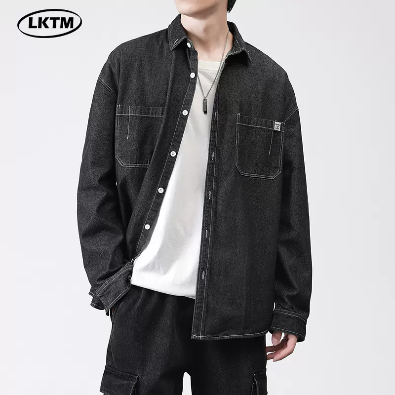 LKTM男装#衬衫男秋冬新款水洗宽松牛仔韩版潮流长袖衬衣工装外套