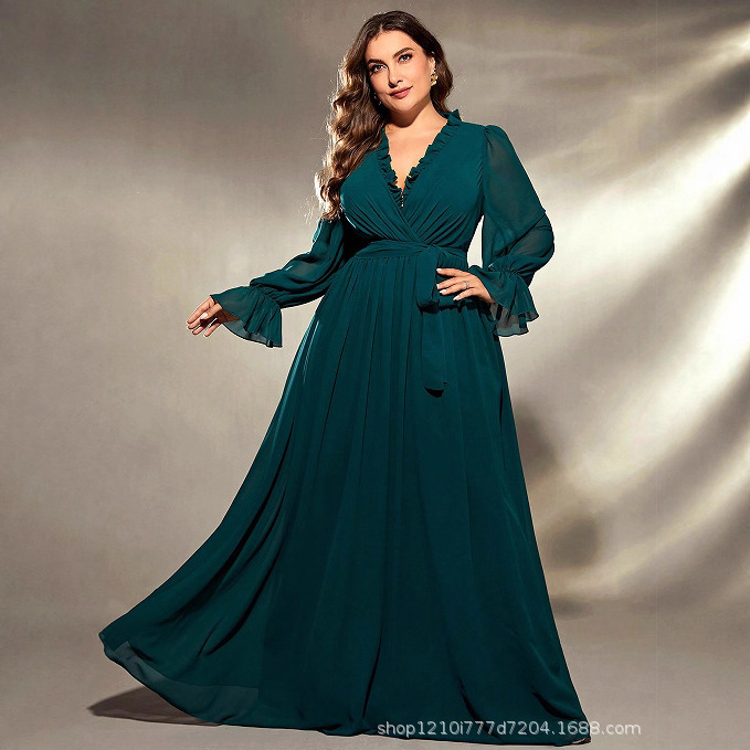 European and American Cross-Border New Large Size Evening Dress Autumn and Winter Pure Color V-Neck Long-Sleeved Pleated Elegant Long Skirt Dress