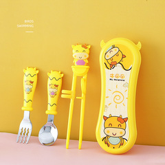 Children's tableware set 304 stainless steel cartoon cow spoon and fork baby training chopsticks made of ABS material for boys and girls
