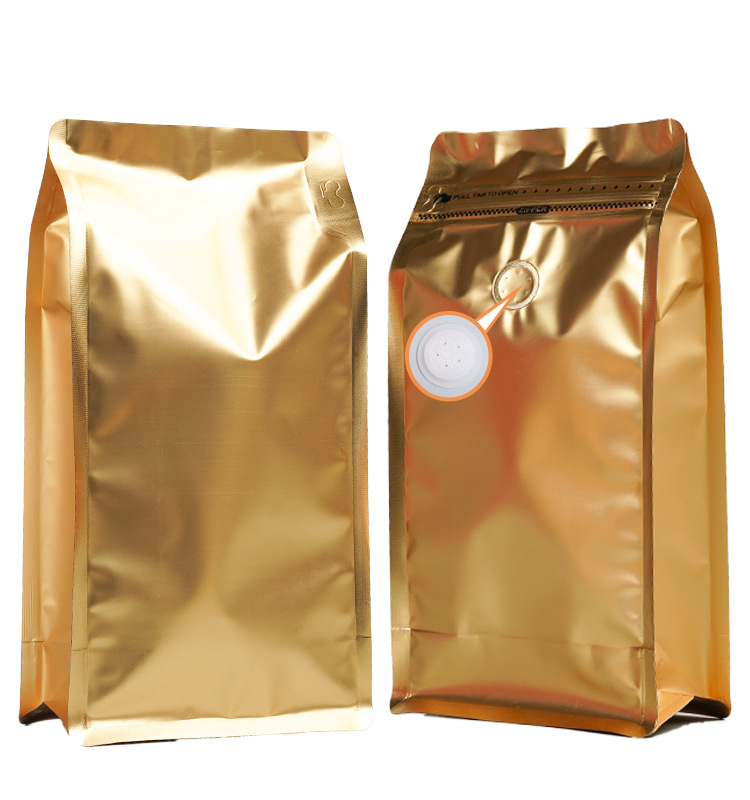 Bolsas de embalaje para alimentos transfronterizos con válvula y cremallera, bolsas verticales para bolsas autosellables de un peso y medio, bolsas de embalaje para granos de café con sellado de ocho lados.
