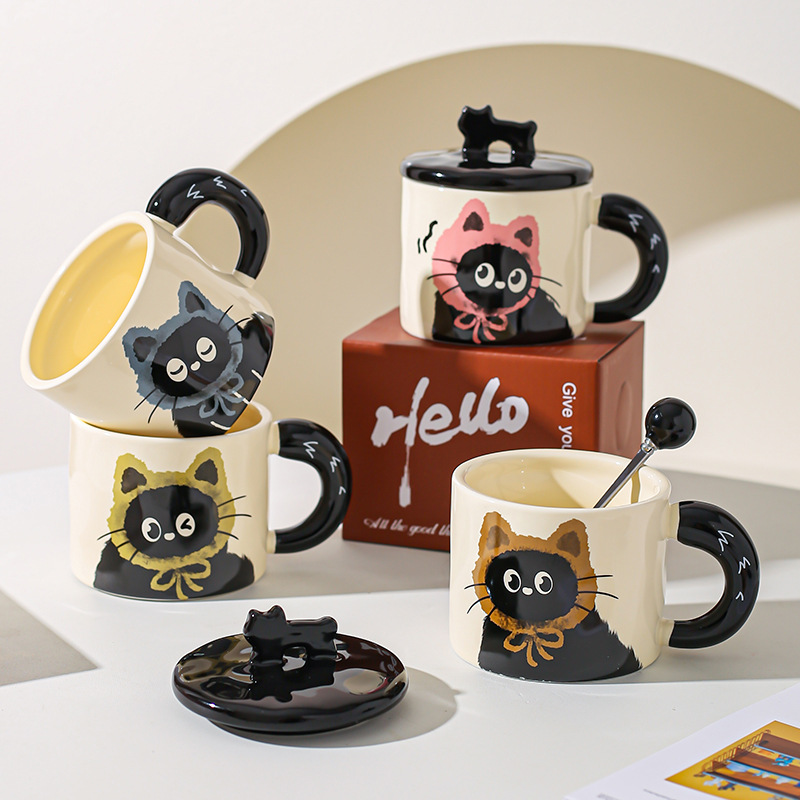 Cute gato gato taza de oficina taza de cerámica con taza de agua cubierta regalo pareja acompañante caja de regalo creativa de cumpleaños