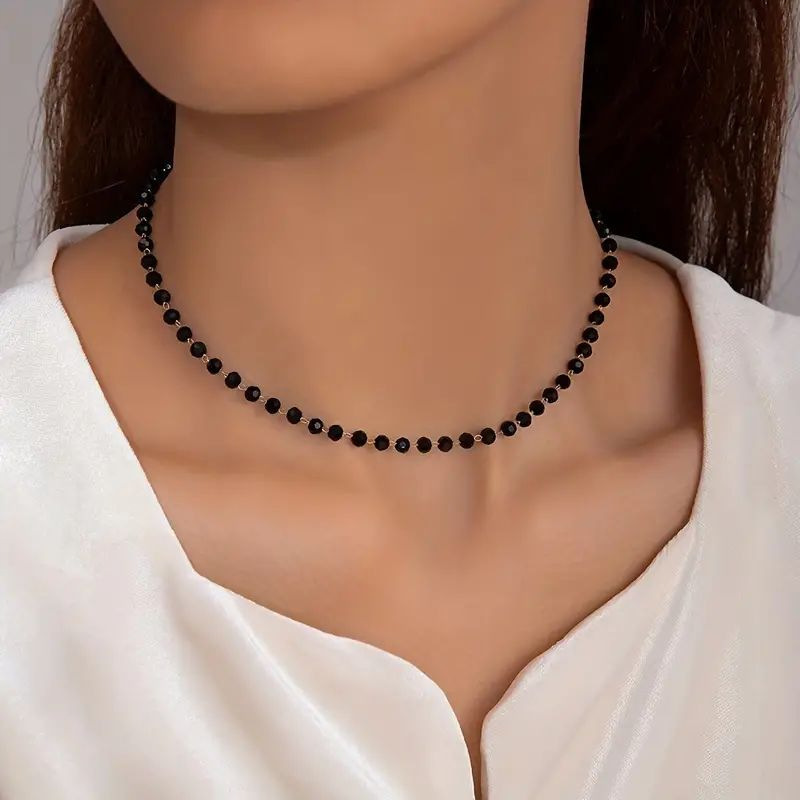 European and American Cross-border Hot-selling Polygonal Black Crystal Bead Chain Collarbone Chain Simple Dark Gothic Style Necklace Jewelry for Women