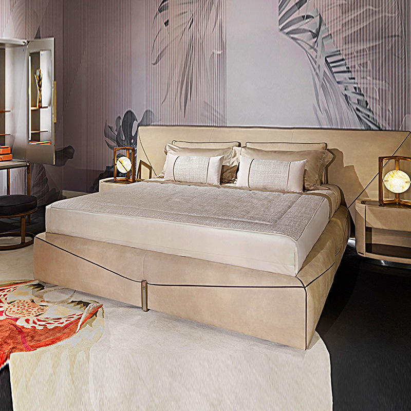 Italian-Style Light Luxury Villa Large Flat Master Bedroom Leather Bed Designer High-End 1.8m Double Wide-Screen Envelope Large Bed
