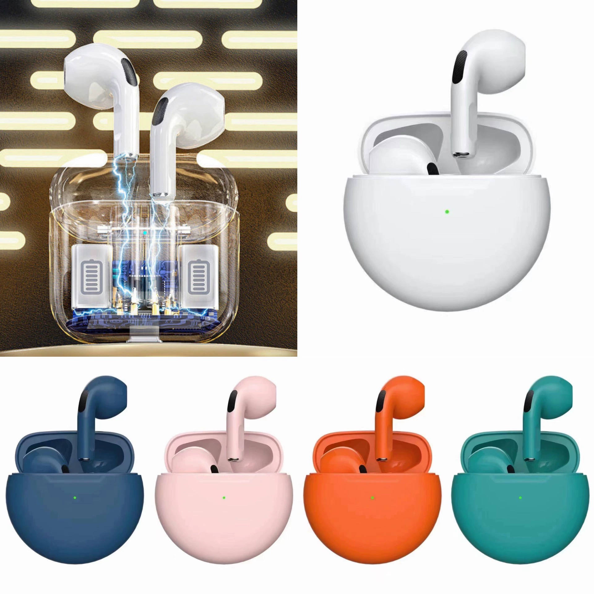 Wireless earbuds pro6, pro5, pro4, Bluetooth touch, compact charging case, assorted colors