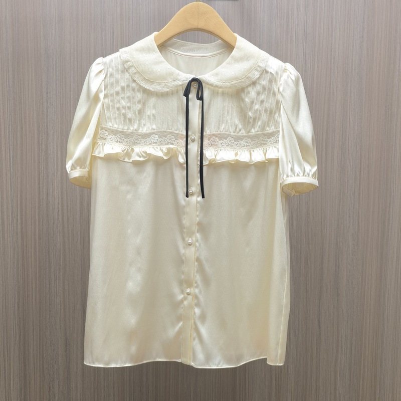 In Stock 2026 Summer New Style French Doll Collar Satin Lace Patchwork Short-Sleeve Shirt for Women, Elegant and Slimming Top