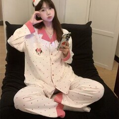 甜美卡通米奇睡衣女春秋季长袖长裤翻领套装美少女可外穿家居服