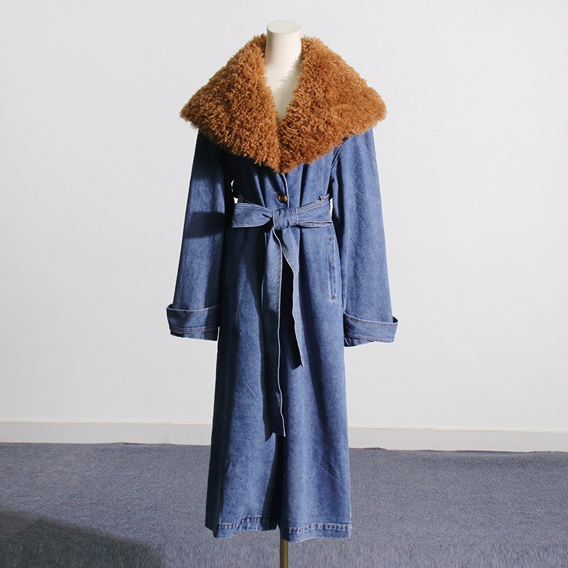 Abbigliamento da donna Trench lungo alla moda e dal temperamento nuovo di zecca, colletto in pelliccia staccabile, design di nicchia, giacca in denim_voghion.com