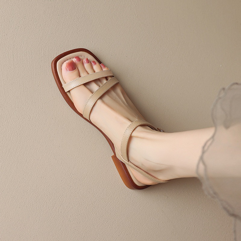 Sandal hở mũi quai ngang da bò gót thấp mũi vuông nữ kiểu mới — Màu nâu