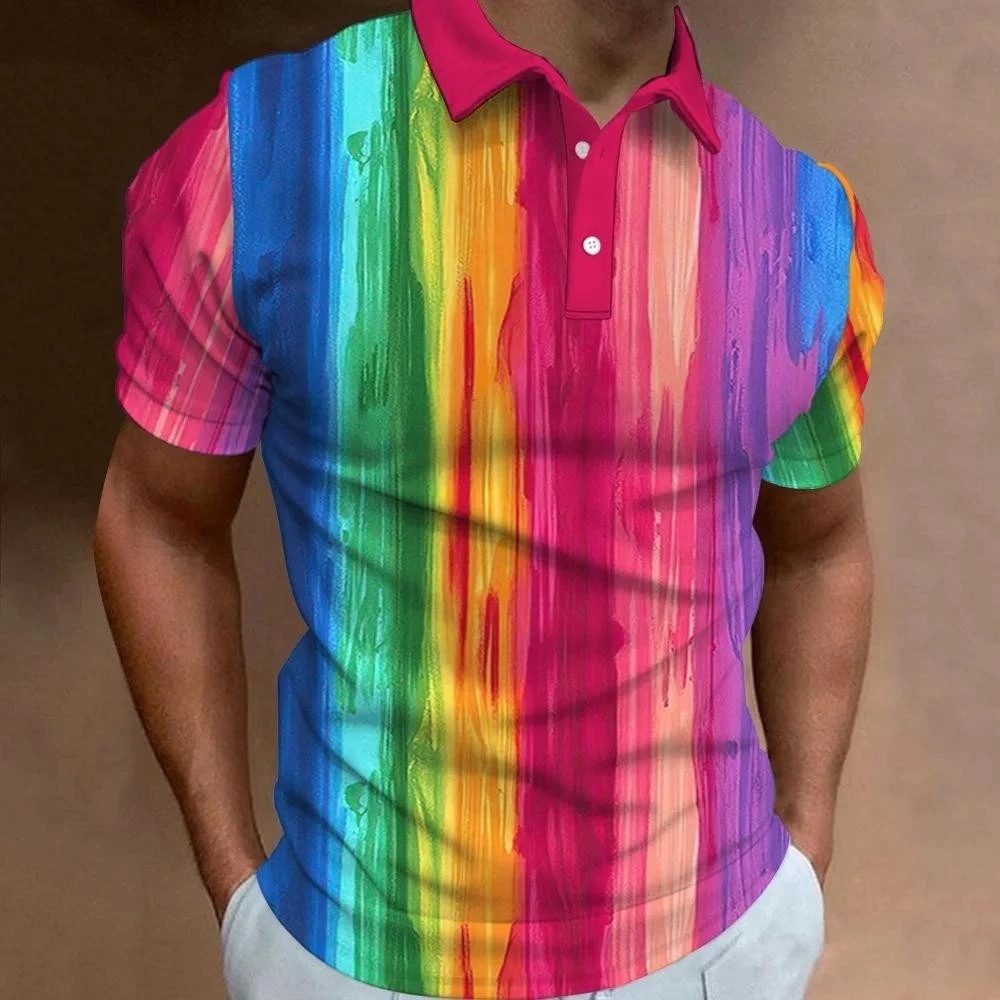 Camisa POLO con botones de manga corta transpirable de malla suelta de verano para hombres con estampado 3D de patchwork de color de venta caliente de la calle europea y americana