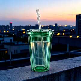 写字楼办公 450ml 双层透明塑料吸管杯桌面放置咖啡奶茶防烫饮水