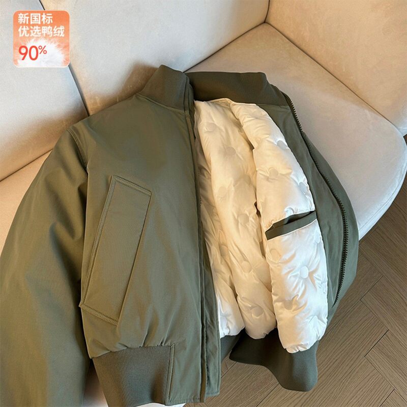 White Duck down Warm American-Style Stand-Collar Bomber Jacket for Men, Winter Trendy Brand Loose Short Silhouette down Coat