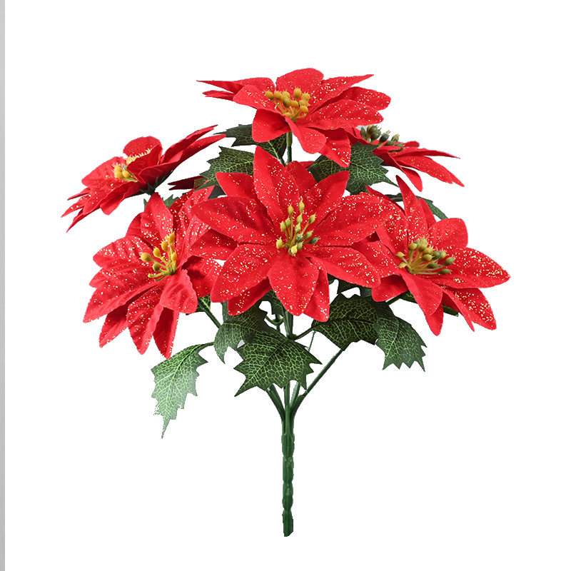 Simulación de 7 flores de Navidad tela de vello flor de Navidad decoración de Año Nuevo decoración de árbol de Navidad cabeza de flores de Navidad