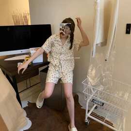 新款翻领短袖短裤家居服套装可爱小老虎印花睡衣女夏季开衫外穿