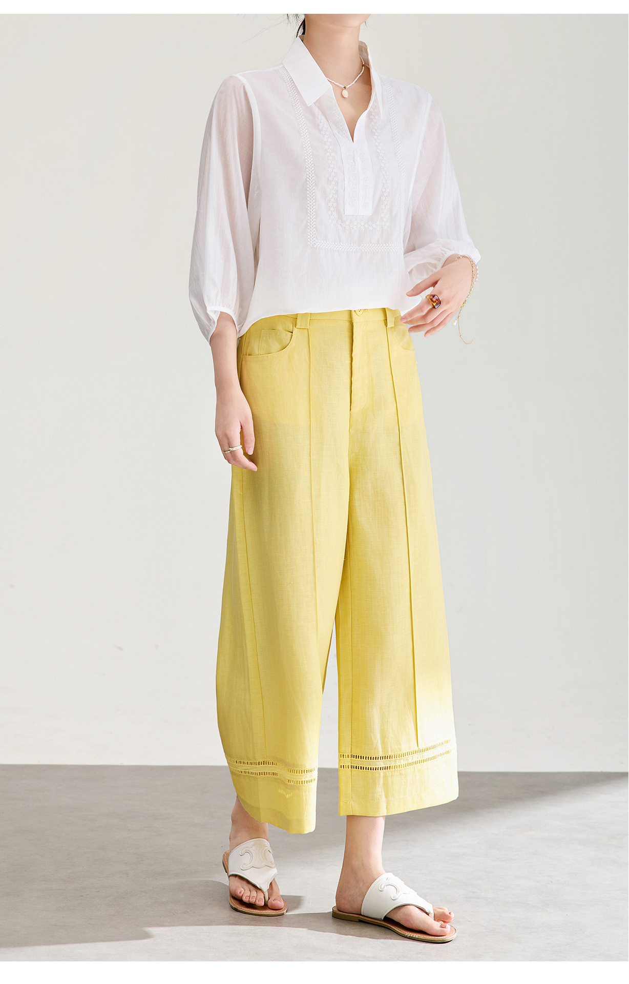 Quần culottes nữ ống rộng dáng dài 9 phần, chất liệu sợi gai dầu mỏng nhẹ mùa hè — màu xanh navy chi tiết 12