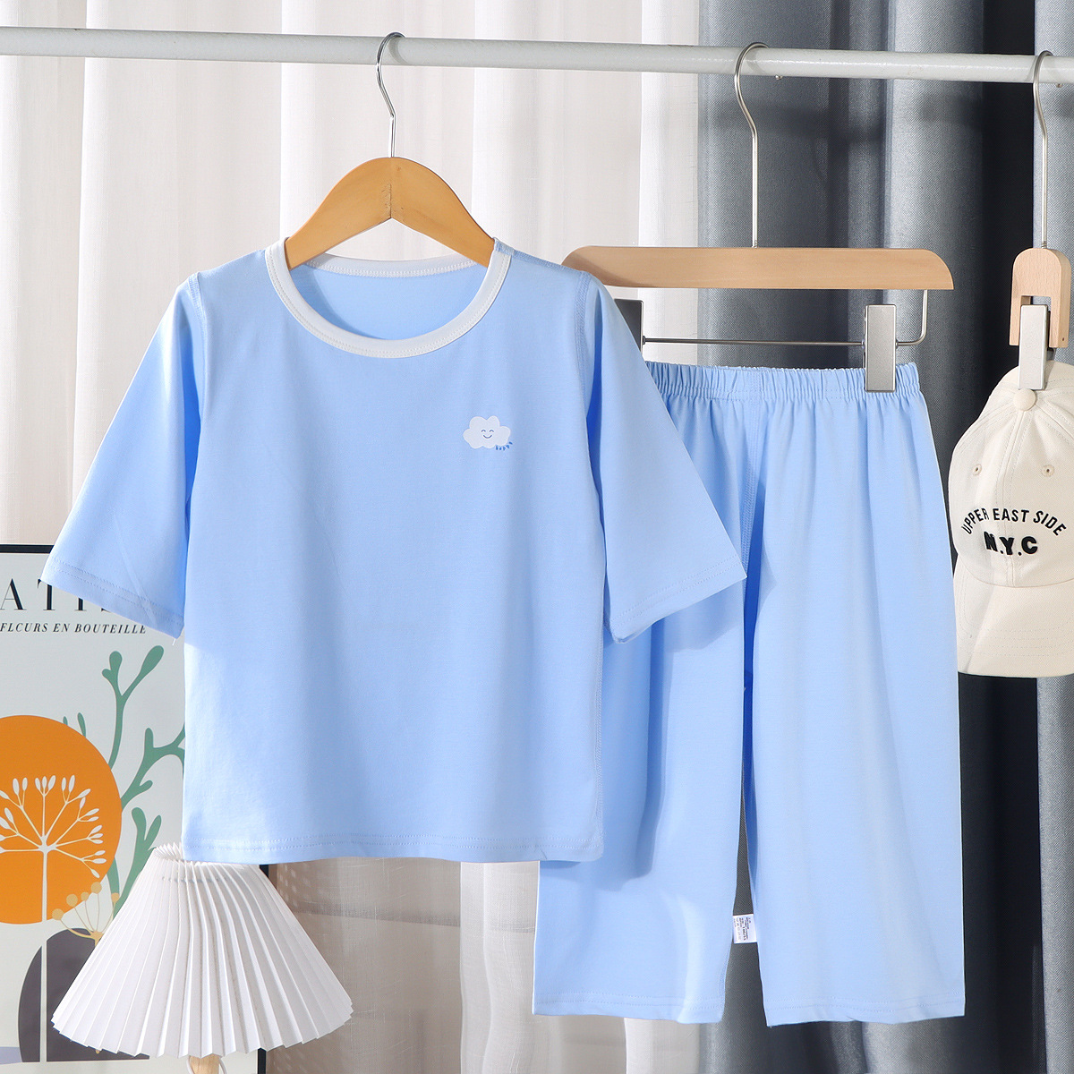 Primavera y verano delgada pijamas de algodón a rayas para niños y niñas, ropa para el hogar, ropa de aire acondicionado para bebés, set de padres e hijos