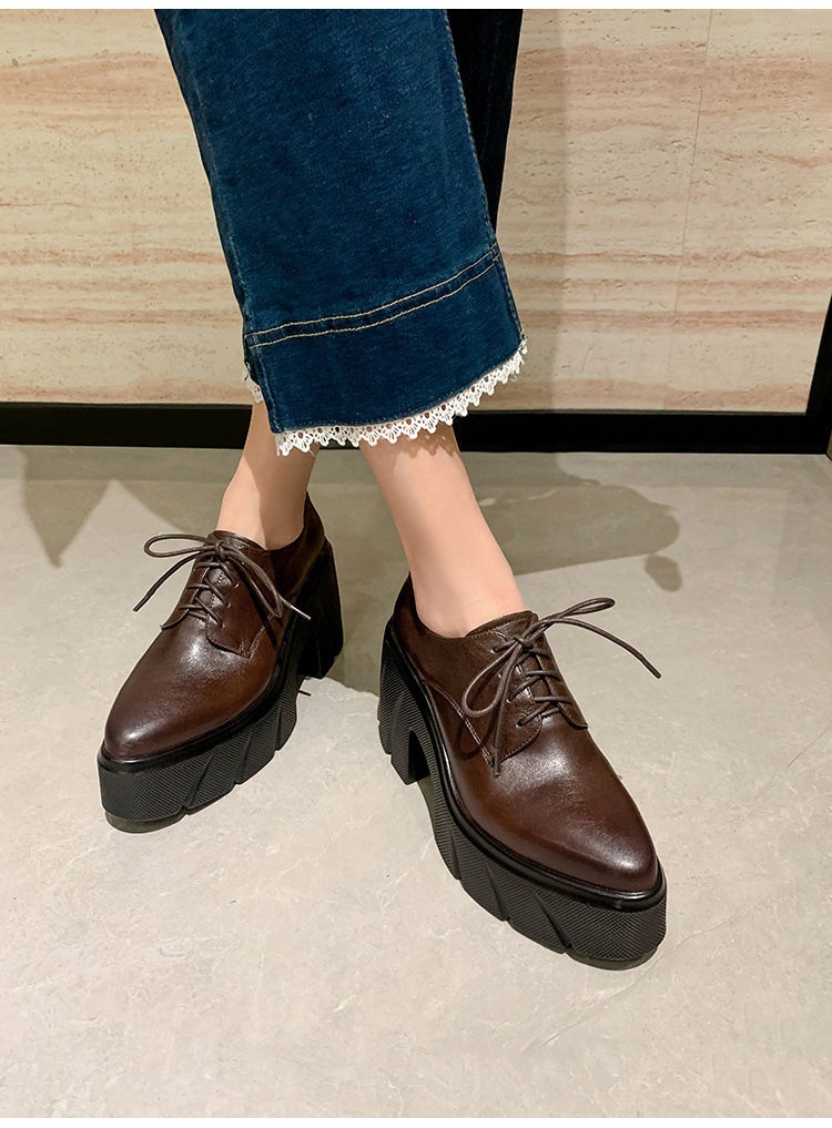 Giày loafer nữ đế xuồng cao gót buộc dây da bò thật — màu nâu chi tiết 11