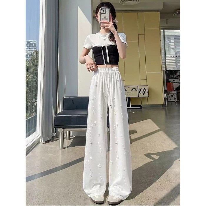 韓国風リップドパンツ、アイスシルクワイドレッグパンツ、レディース夏用薄手ハイウエストフロアレングスパンツ、スイートホットダイヤモンドルーズストレートパンツ|undefined