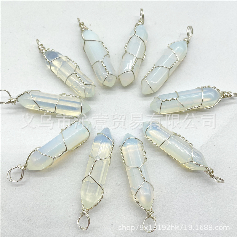 Comercio exterior caliente bobina hexagonal columna colgante collar de cristal natural hecho a mano de plata hilo bala joyería al por mayor