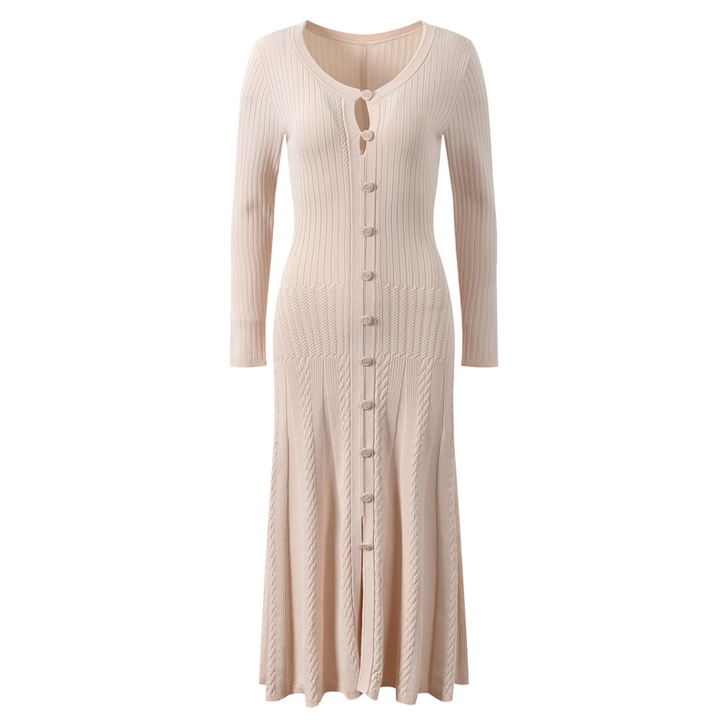2025 Autumn/Winter New Vertical Striped Cable Knit Slim Fit Round Neck Single-Breasted Long Knitted Dress