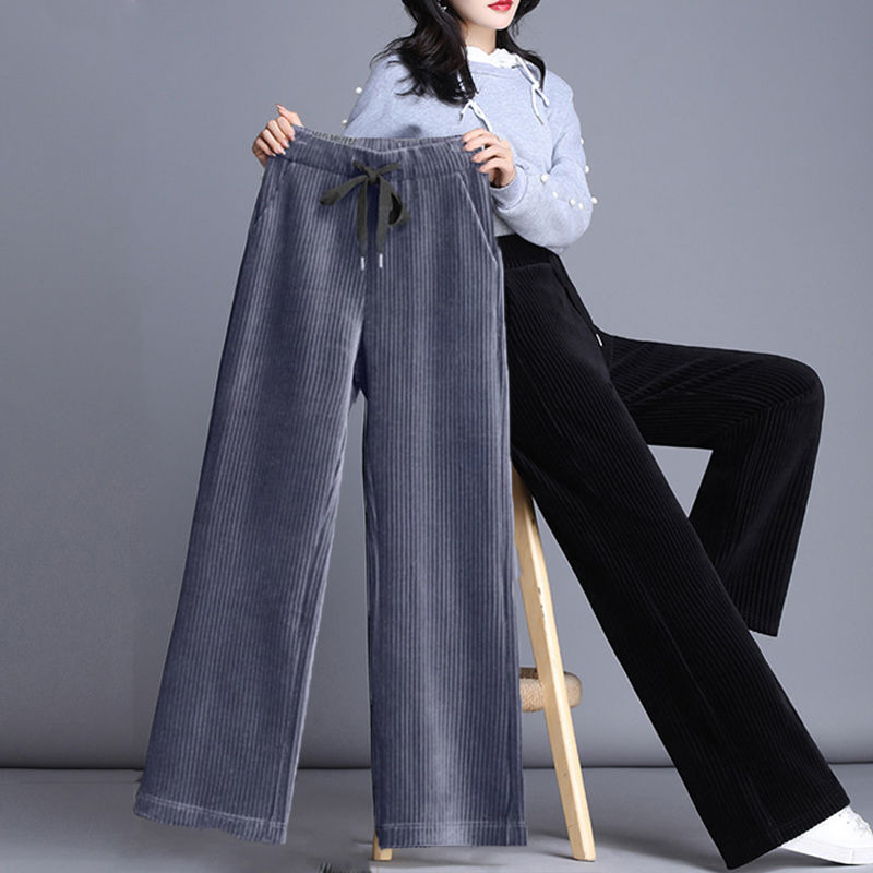 Custom Autumn and Winter New Corduroy Wide-leg Pants Women's Casual Pants Fleece-lined Straight Pants Loose Warm Slimming Pants