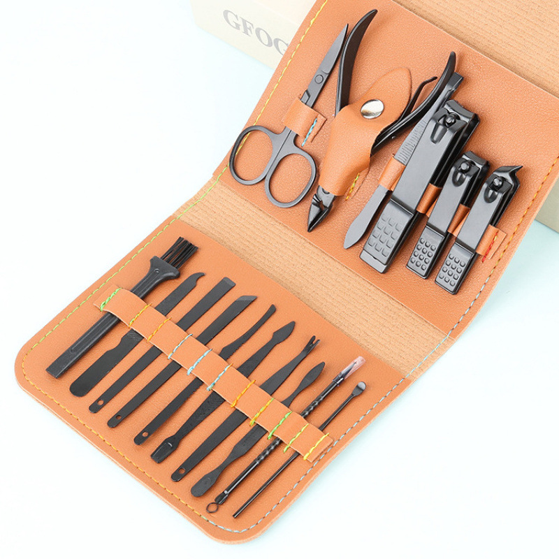 Folding Leather Set 16-Piece Nail Clipper Set Black Dead Skin Pliers Nail Clipper Set Manicure and Manicure Tools