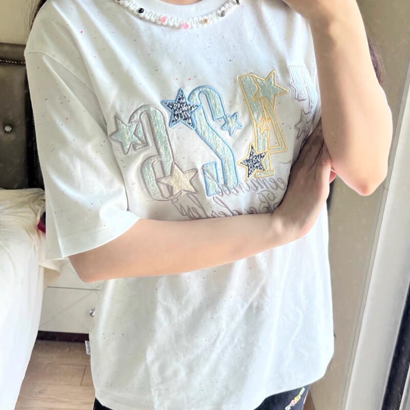 National Trendy Brand Colorful Dot Webbing Chanel-Style Patch Embroidery Short-Sleeve Women's T-Shirt Summer American Retro Loose Half-Sleeve Top