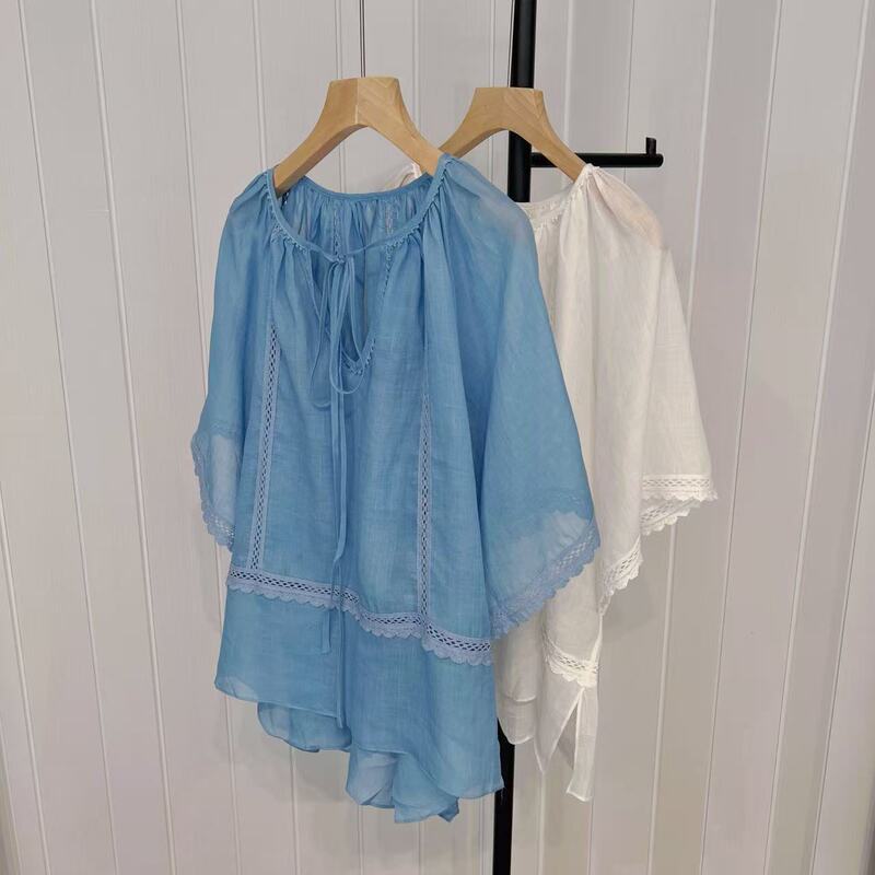 I*T* Blue Lace-Up Flutter-Sleeve Shirt for Women, New 26-Style Ramie Lace Shirt, V-Neck, Loose and Beautiful, Stylish Top