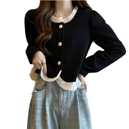 Plus-size Spring/Fall Long-Sleeve Base Top with Lace Paneling and Tummy-Smoothing Design — Perfectly Versatile & Slimming Cardigan for Curvy Women