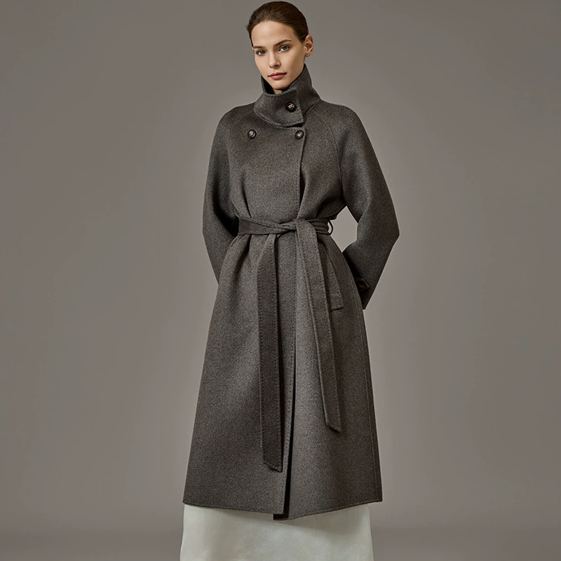 Зимнее двустороннее шерстяное пальто с воротником-стойкой и шнуровкой на талии, шерстяное пальто из 100% кашемира, новинка 2025 года