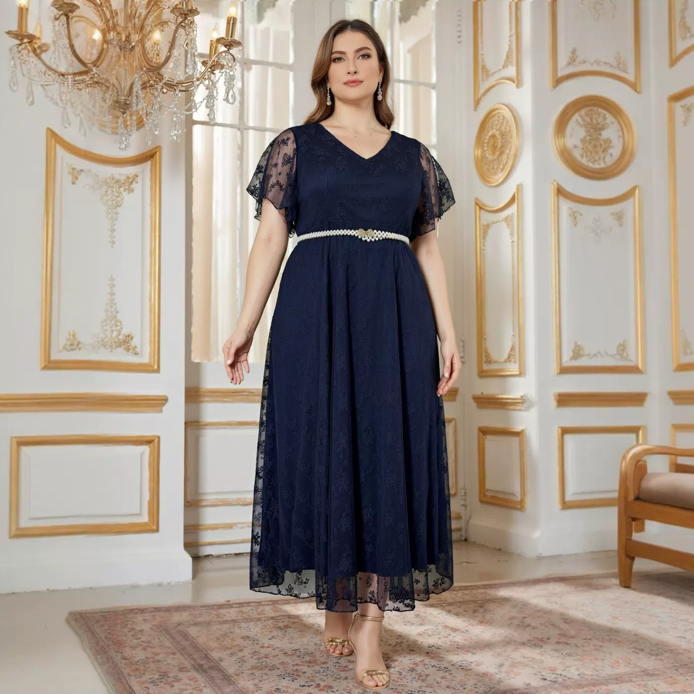 欧美大码女式蕾丝连衣裙适合日常穿着外贸女装女式长裙批发