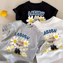纯棉儿童短袖T恤衫夏2025时髦休闲卡通拉布布labubu男女童上衣服