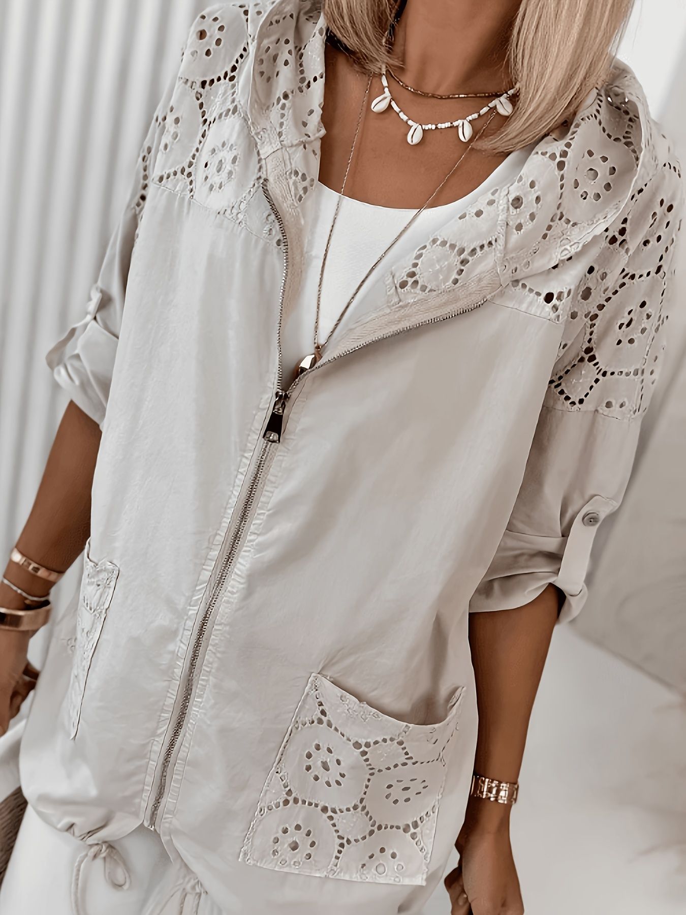Casual damas chaqueta con capuzas delgada encaje de empalme cremallera suelta cardigan de manga larga image 5