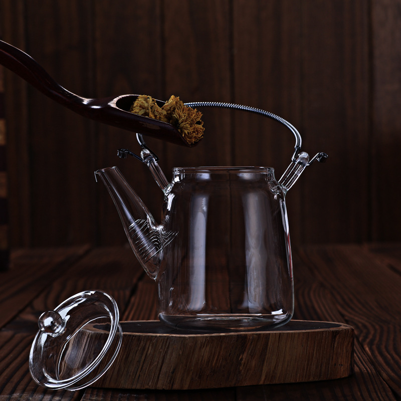 Tetera de vidrio de borosilicato con asa de acero inoxidable y filtro, juego de té transparente resistente al calor para el hogar, para té de flores/infusión