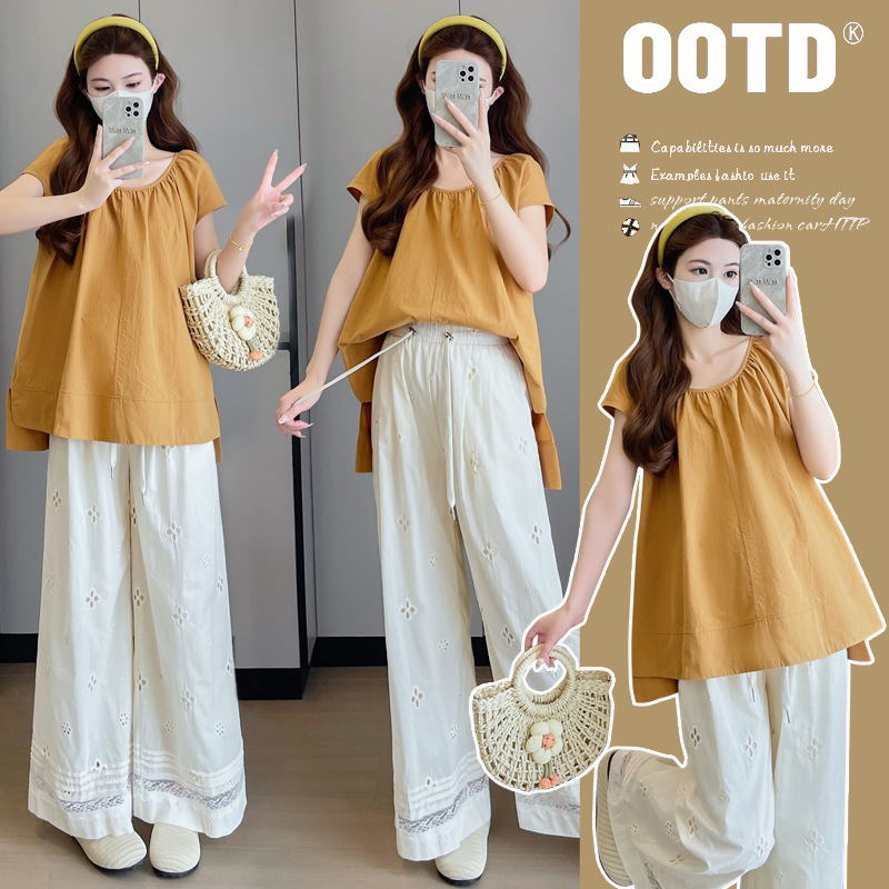 Maternity 2025 Summer New Korean-style All-match Slimming Top + Embroidered Hollow Straight Wide-leg Pants Two-piece Set
