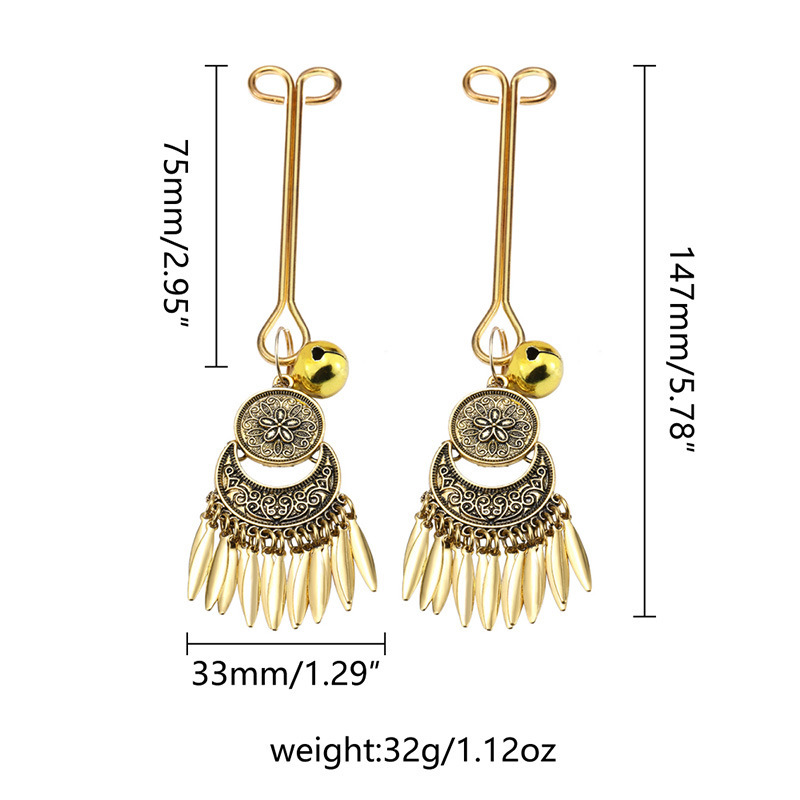 Vintage Metal Nipple Clamps with Feather Tassels, Bohemian Style Pair — detail image 5