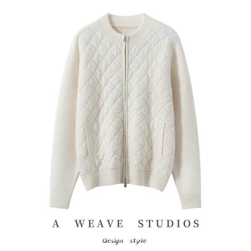 2025 New Autumn and Winter 100 Cashmere Thickeneded Round Neck Knitted Cardigan Double Zipper Rhombus Cashmere Sweater with Pockets