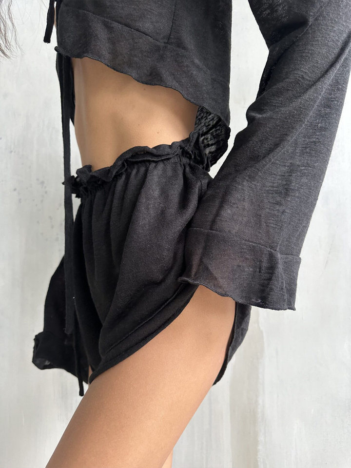 Bộ đồ ngủ nữ áo cardigan thắt dây kèm quần short dệt kim mặc nhà thoải mái — Màu trắng, Màu đen chi tiết 44