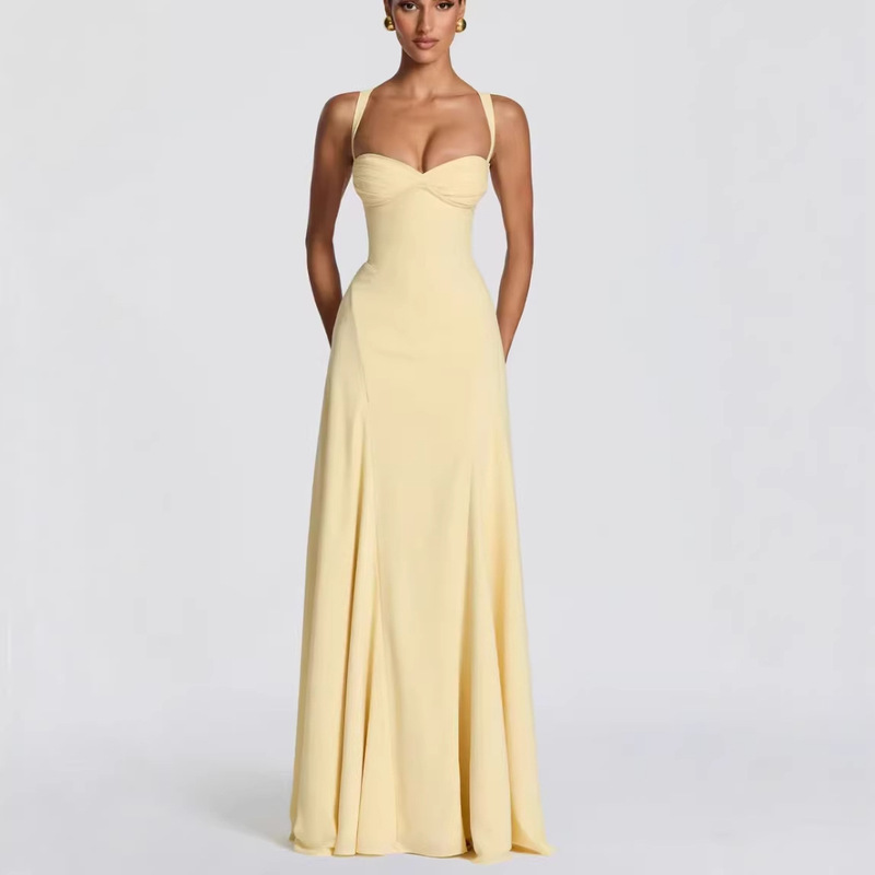 2026 New Amazon Export Milk Yellow Wide Shoulder Strap Twisted Waist Cinching Large Hem Draped Evening Gown