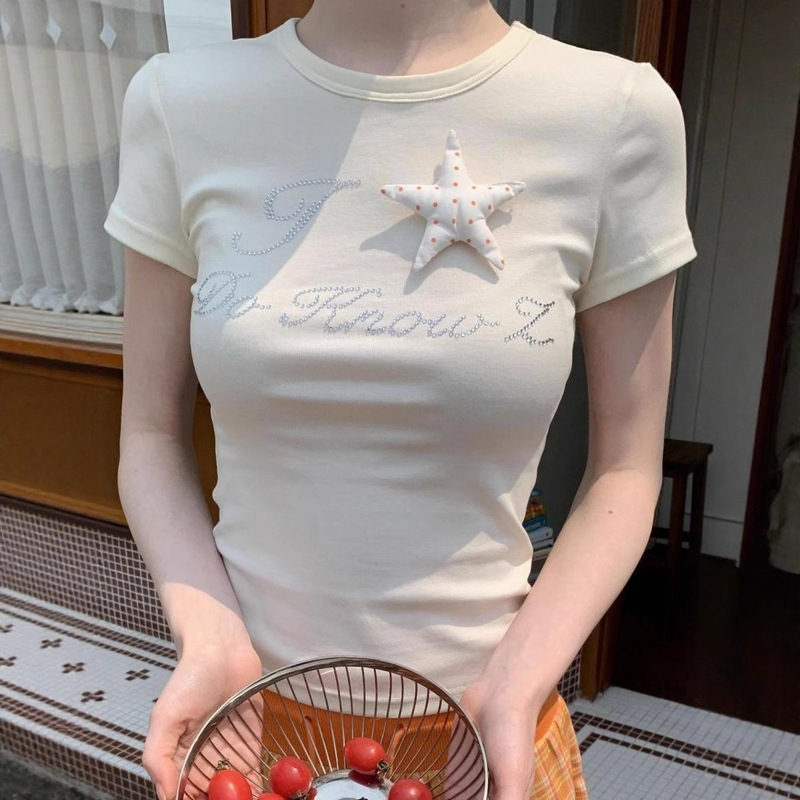 [210g 40 Count Pure Cotton] Three-Dimensional Star Letter Hot Diamond Short-Sleeved T-Shirt Women's New Slim American Top Summer