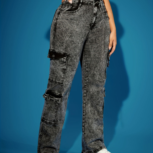 Women's Clothing High Elastic Multi Pocket Cargo Pants American Style Denim Trousers Hot Selling Jeans_voghion.com