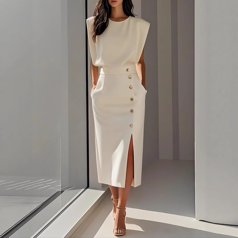 2026 Round Neck Sleeveless Buttoned Slit Solid Color Dress Long Dress Exquisite Early Summer Dress