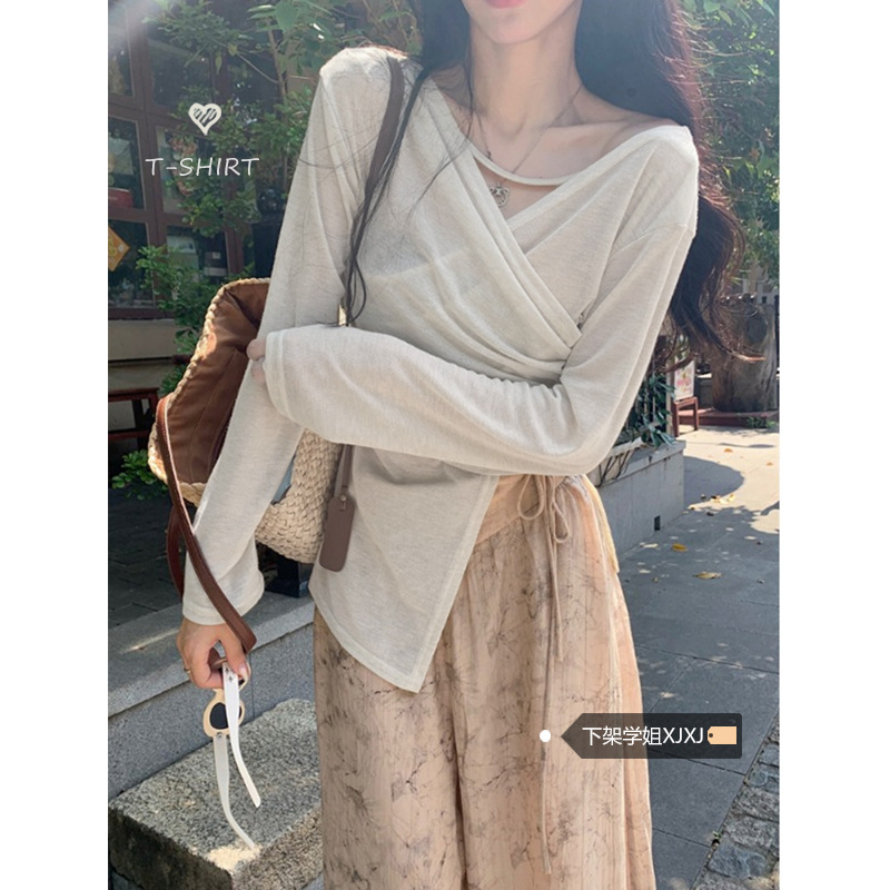 设计感小众不规则交叉长袖T恤女 秋季慵懒风新款挂脖微透防晒上衣