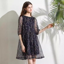 夏季新款真丝欧根纱连衣裙桑蚕丝复古宫廷泡泡袖A字中长裙800032